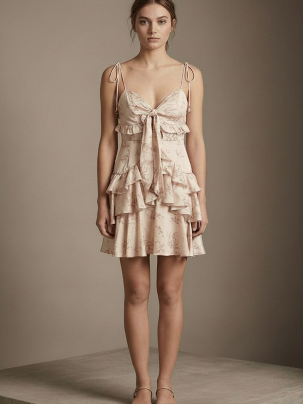 Selfie Leslie Flower Child Ruffle Mini Dress Champagne Floral Satin US XS EUC